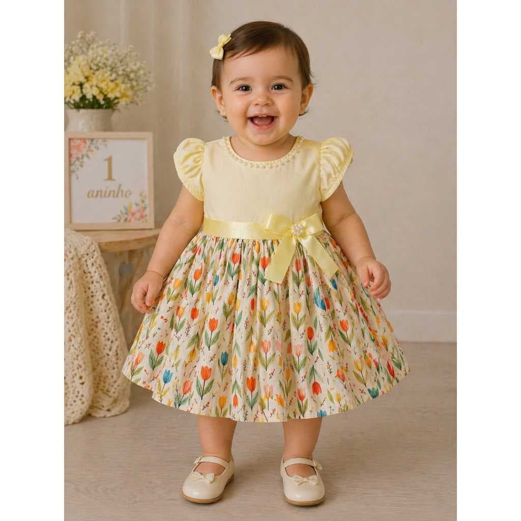 VESTIDO INFANTIL AMARELO MANTEIGA, VESTIDO FLORAL, VESTIDO RODADO FORRADO, VESTIDO DE TULIPAS, VESTIDO COM LAÇO