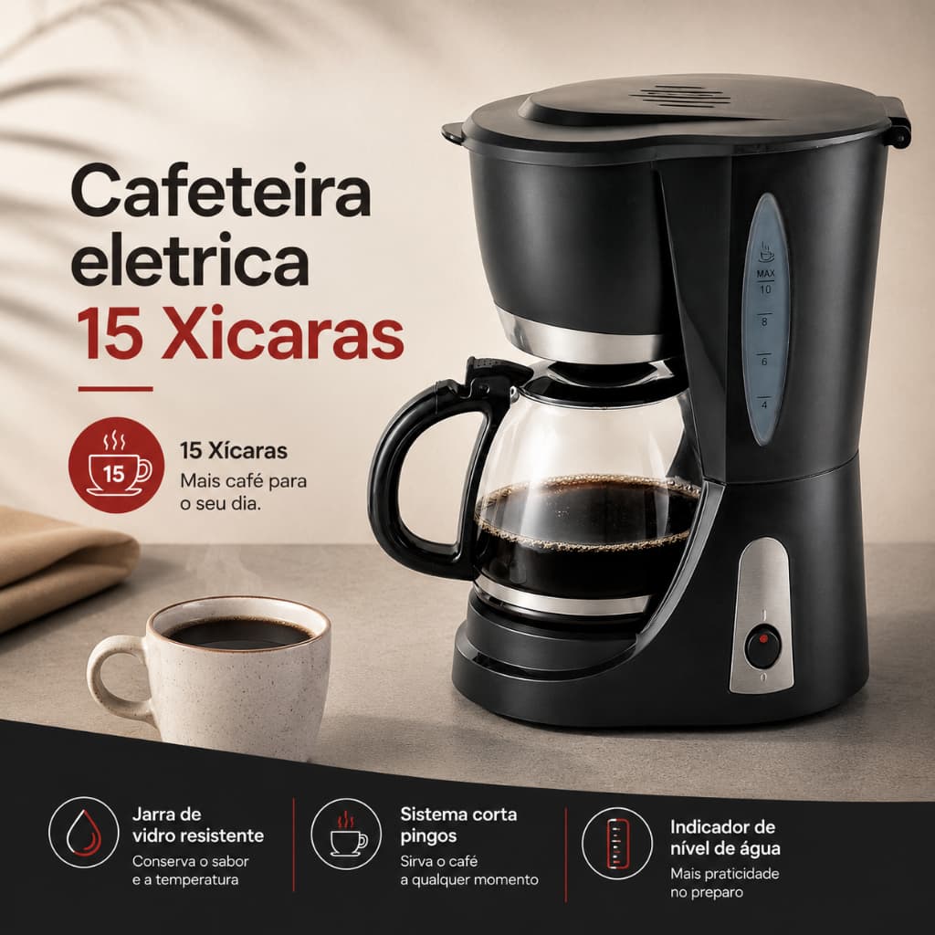 Cafeteira Preta 15 Xícaras Cafeteira Elétrica Agratto Cafeteira Jarro de Vidro Mantém Quente 127V