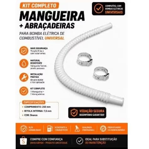 Mangueira Bomba Elétrica Combustível Universal 250mm Bitola 7,5mm Com Abracadeira