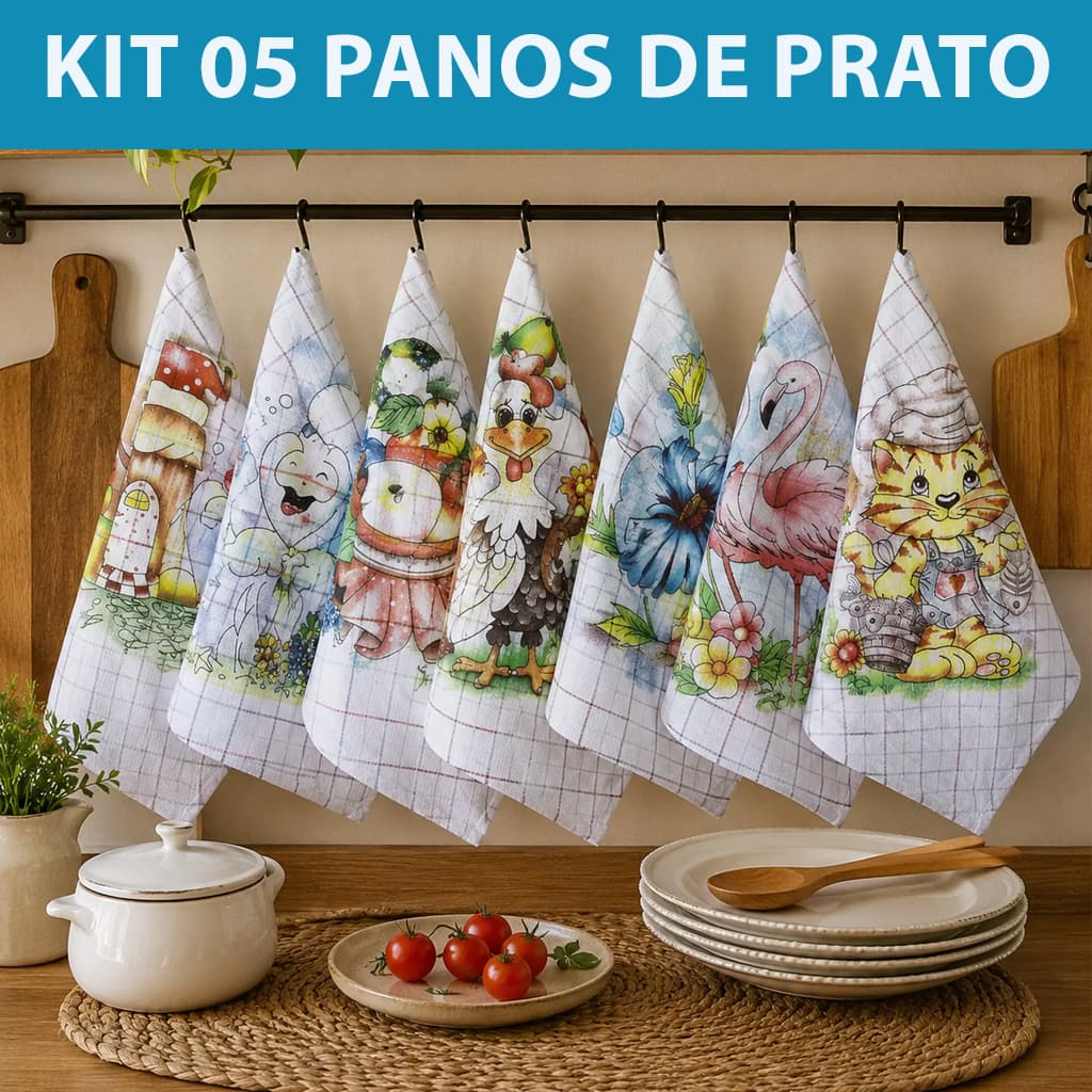 Kit 5 Panos De Prato Copa Estampado Xadrez Cozinha