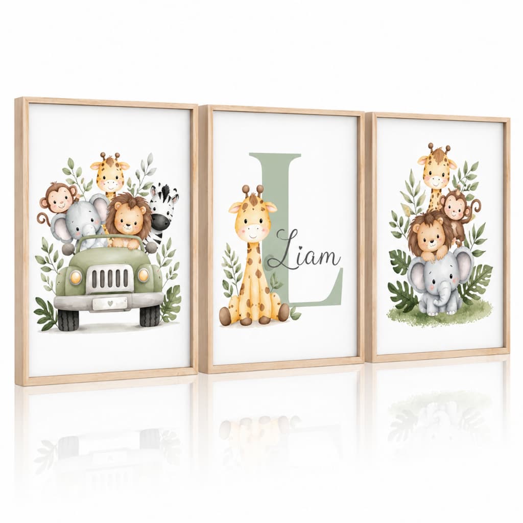 Quadro Infantil Safari com Nome Personalizado Leão Girafa Elefante Quarto Bebê Kit 3
