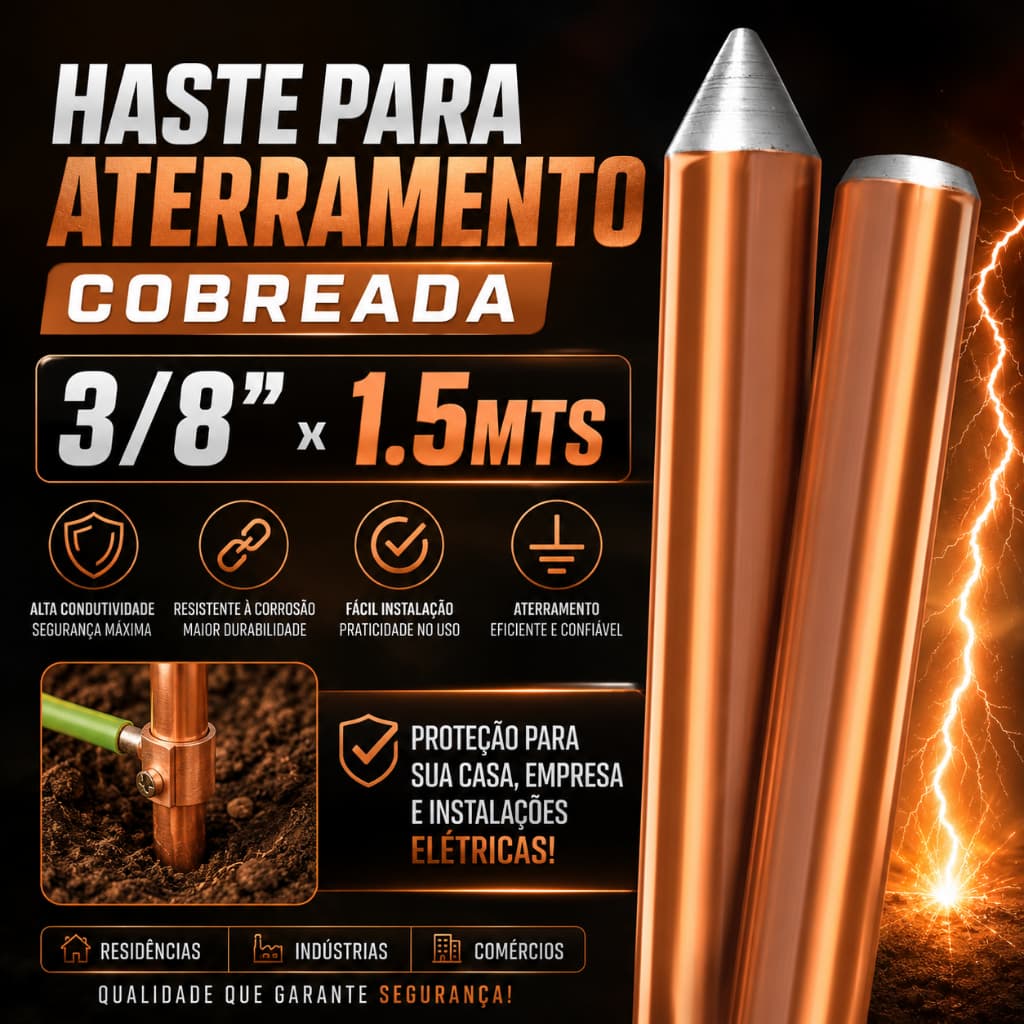 Haste Para Aterramento Cobreada 3/8 x 1.5mts - (Kit ou Unidade)