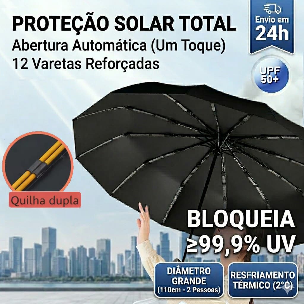 Guarda-chuva Automático Reforçado 12 Varetas Duplas 110cm Anti-vento com Proteção Solar FPS 50+
