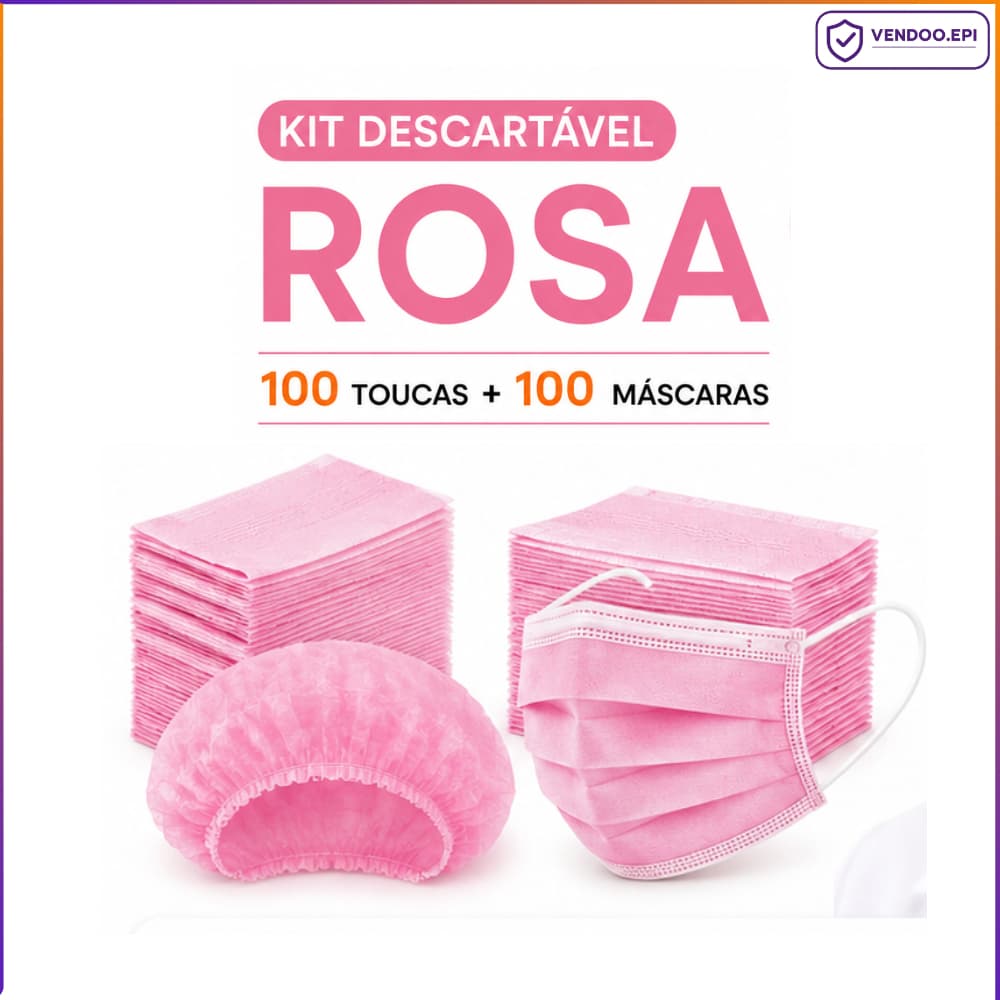 Kit Rosa 100 Touca Descartável TNT + 100 Máscara Tripla Camada