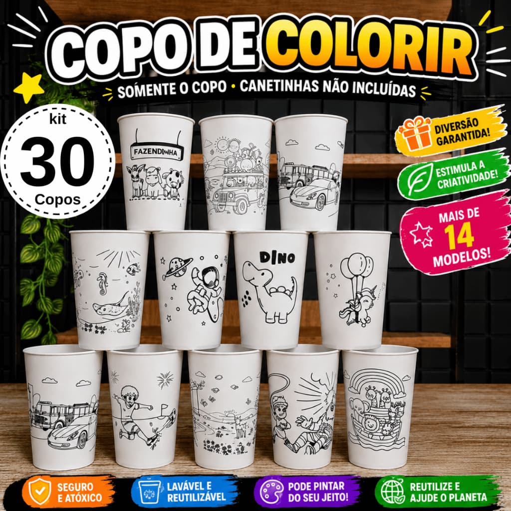 Copo de Colorir 30un Várias Estampas Copo Lembrancinha Aniversário Para Crianças Divertido Educativo
