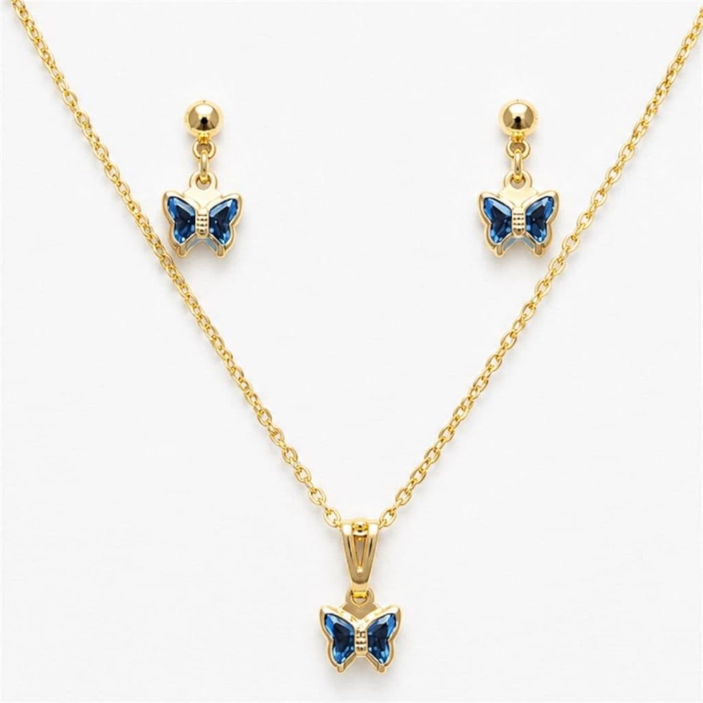 Conjunto Infantil Antialérgico menina Colar e Brincos Borboleta Azul Folheado a Ouro 18k e Prata 925