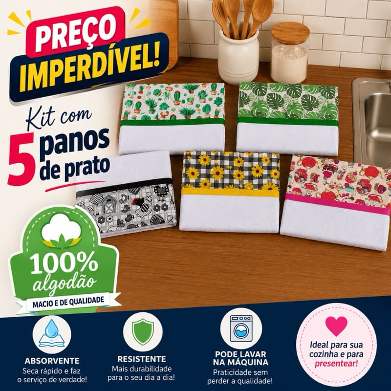 Pano de prato copa kit 5 unidades modernos premium