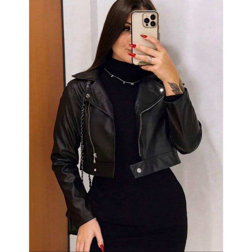 Jaqueta Feminina De Couro Estilosa em Alta Tendência Courino Festas Com ziper e botão