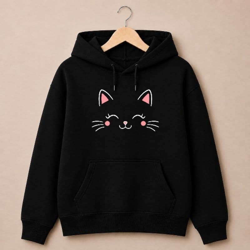 Moletom Feminino 100% Algodão Flanelado Estampa Fofa Gatinha Capuz e Bolso Quentinho Moda Inverno