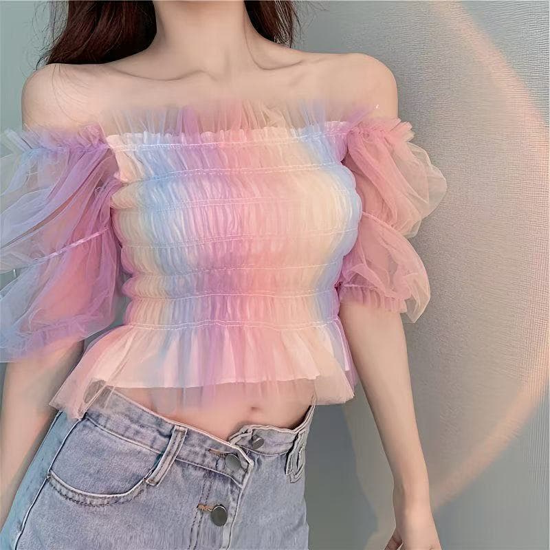 Blusa de tule sereia juvenil, design arco-íris e gola decorada, vestido de festa festivo