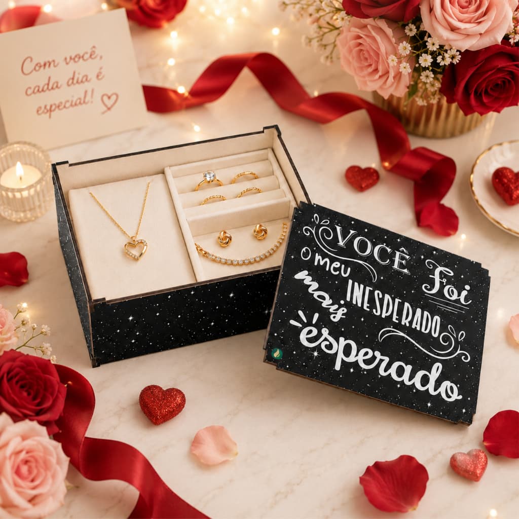 Caixa Presente MDF com Tampa Inesperado Mais Esperado Organizadora Decoração Namorados 20x15x8