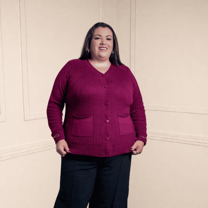 Cardigan Casaco Suéter Plus Size Tricô Fang Com Bolso Botões Manga Longa Gola V Inverno G1 ao G3