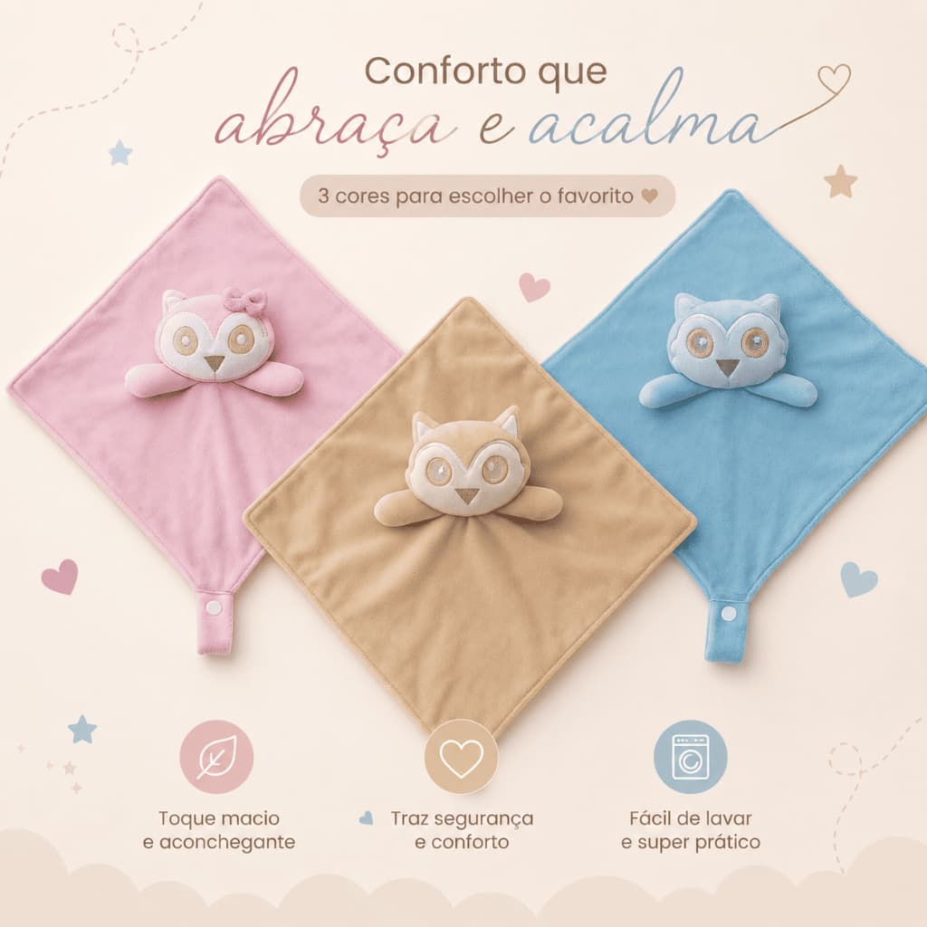 Naninha Bichinhos Bebe em Plush Prendedor Chupeta Coruja Rosa Bege Azul