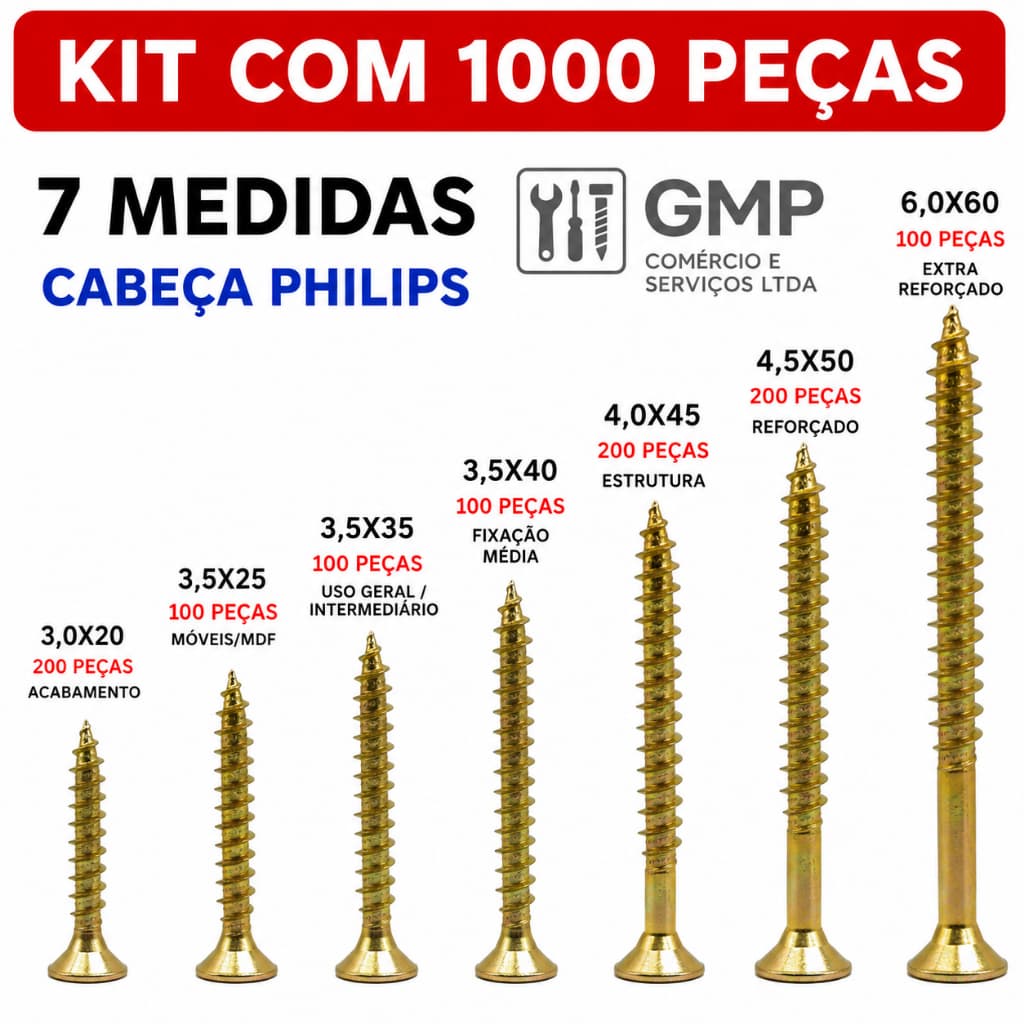 Kit Parafuso Chipboard Cabeça Chata Phillips MDF Madeira 1000 Peças Sortido 3,0x20 a 6,0x60 Profissional Marceneiro