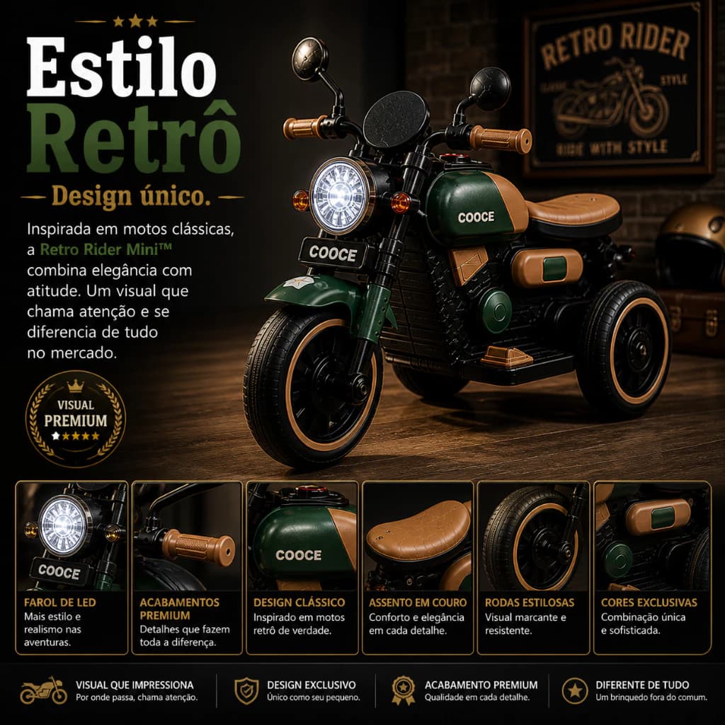 Mini Moto Triciclo Elétrico Infantil Retrô Verde  Rider Mini 6V Recarregável 3 Rodas  Luz LED Som