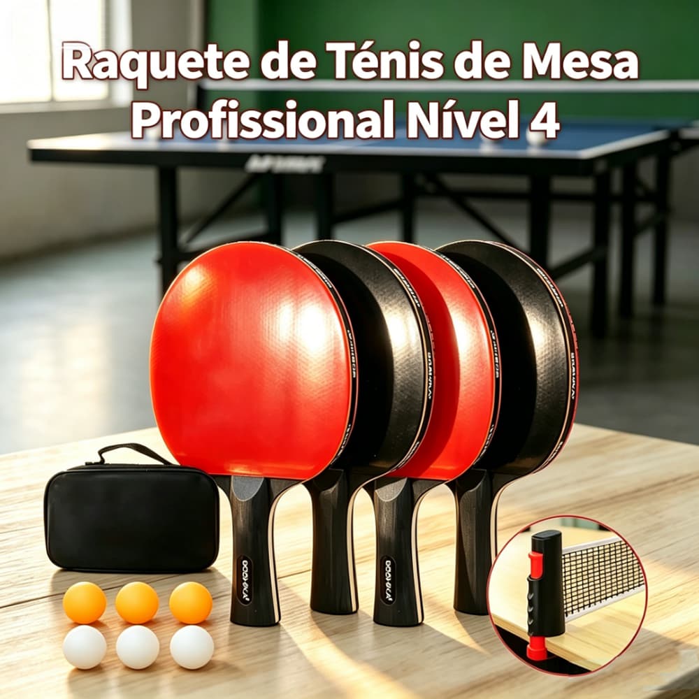 Kit Tênis de Mesa Completo 4 Raquetes + Rede Retrátil + 6 Bolinhas + Bolsa - Ideal para Família e Amigos