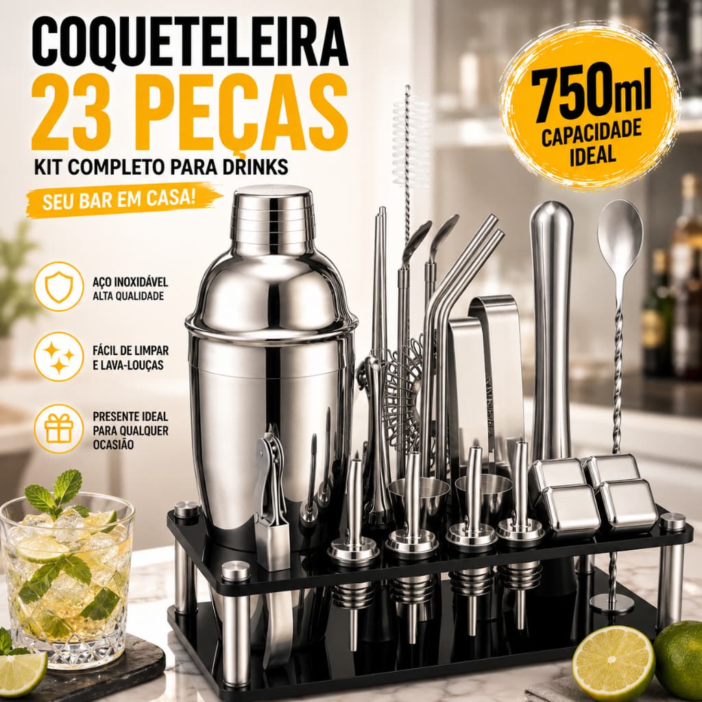 Kit de 23 Peças  para Coquetéis | Coqueteleira de 750ml | Aço Inoxidável | Embalagem de Presente