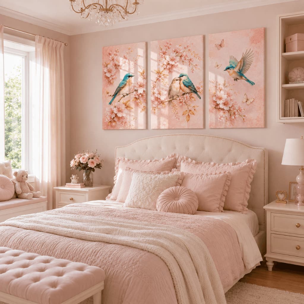 Kit 3 Quadros Infantil Pássaros Flores Rosa MDF Quarto Menina Bebê Sem Moldura