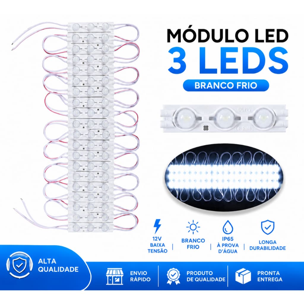 1000 MÓDULOS DE LED 3 LEDS BRANCO FRIO 7025 6500K 12V 1,5W