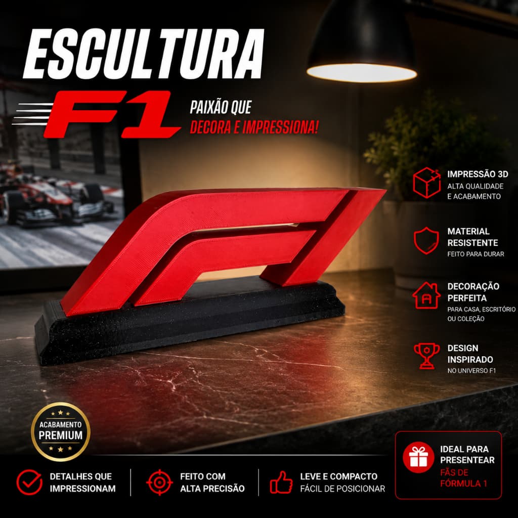 Escultura F1 Decorativa 3D Fórmula 1 Enfeite Geek Colecionável Decoração Gamer Escritório Presente Fãs GP