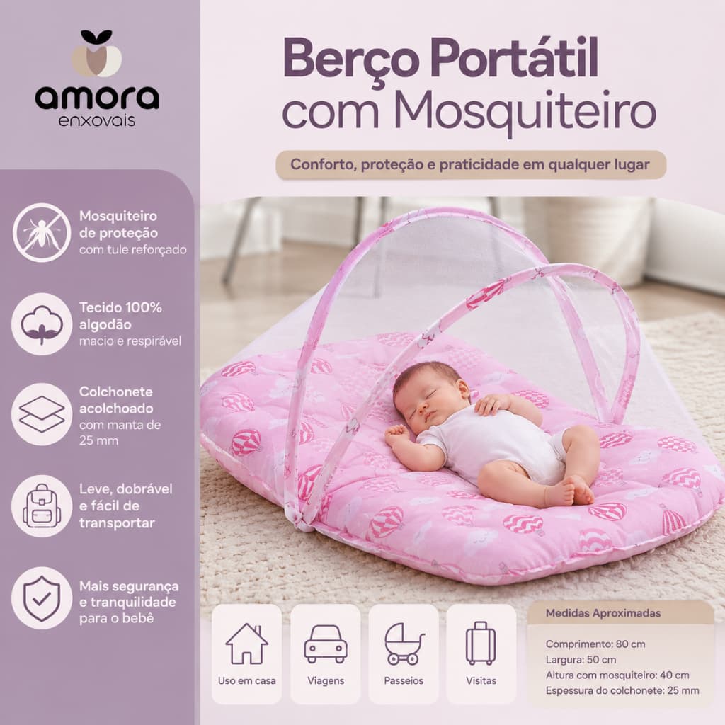 Berço Portátil Com Mosquiteiro Acolchoado 100% Algodão Dobrável