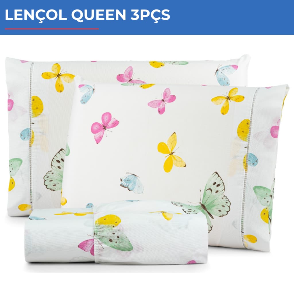Jogo De Lençol Queen 3pçs Estampado 300 Fios C/ Elástico Borboletas Coloridas