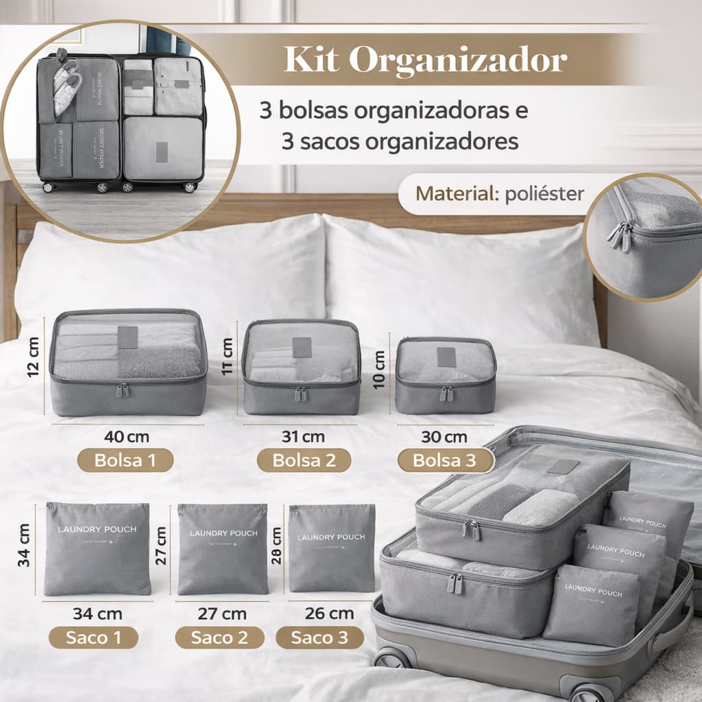 Kit 6 Organizadores Mala Viagem Roupas Acessórios Necessaire Maquiagem Bolsa Saco