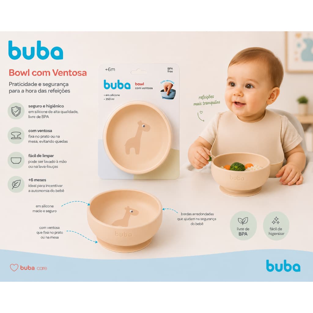 Bowl Infantil Buba Silicone com Ventosa Livre BPA Introdução Alimentar