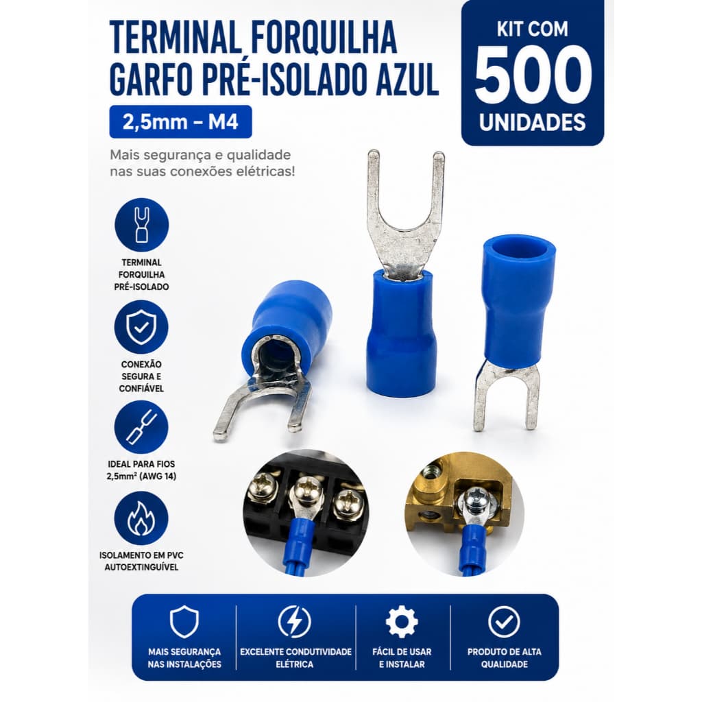 Terminal Tipo Garfo M4 Modelo P/ Fio 1,5mm² E 2,5mm² - 500pç