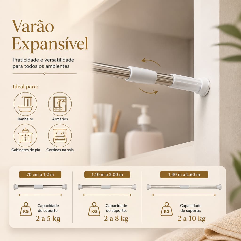 Varão Extensível para Cortina de Box, saia de pia-  lavatorio- sapateira- janela 70cm -  1,2metros.