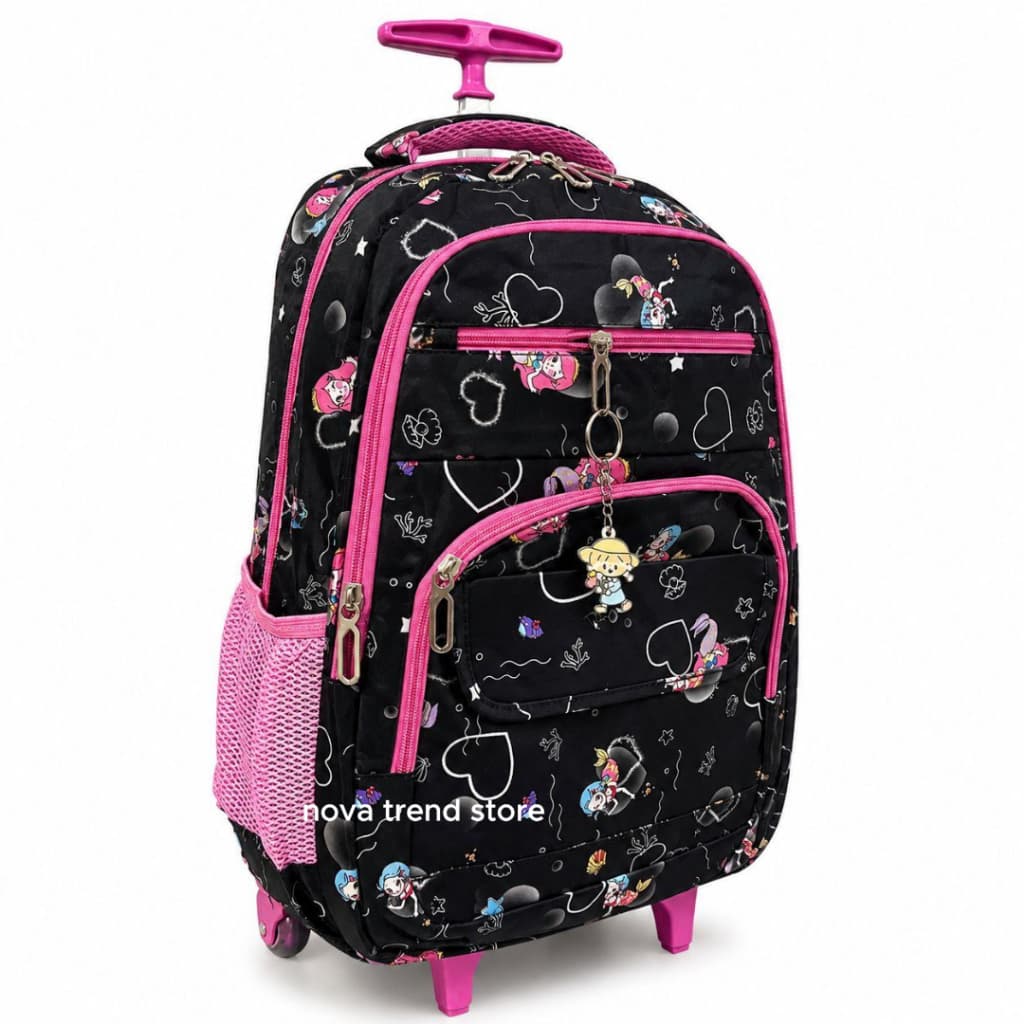 Mochila Escolar Feminina Grande com Carrinho e Alça Retrátil para Meninas