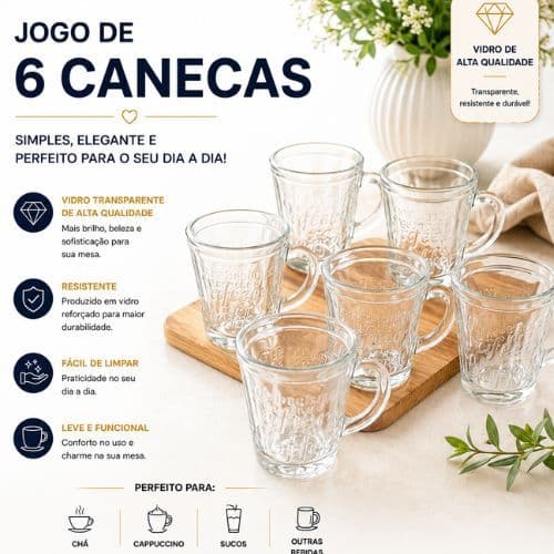 Jogo 6 Canecas de Vidro Transparente Elegante Resistente Multiuso