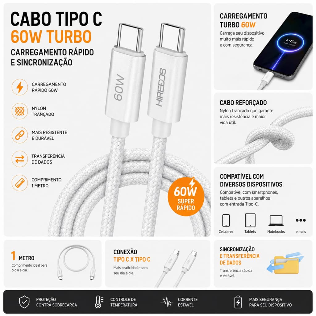 Cabo Tipo C 60W Turbo Carregamento Rápido Nylon Reforçado 1 Metro