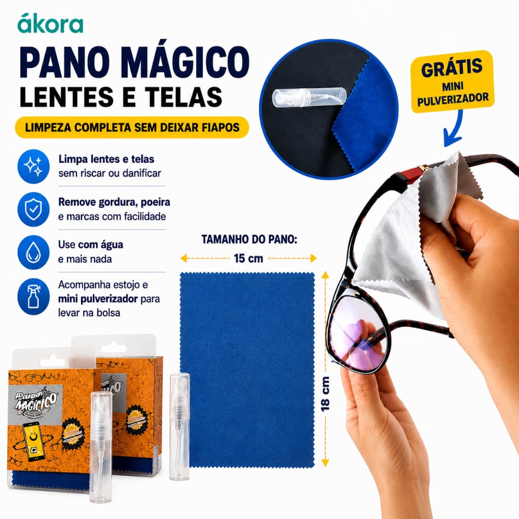 kit Pano Limpa Óculos e Telas Só com Água sem produtos químicos- ákora - Nas Cores Azul ou Cinza