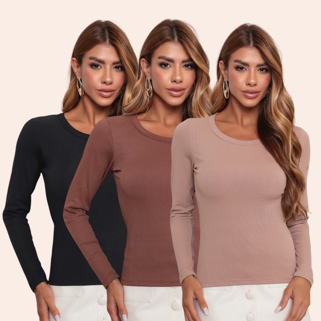Kit 3 Blusa Feminina Manga Longa Gola Redonda Canelada Segunda Pele Básica Outono/Inverno