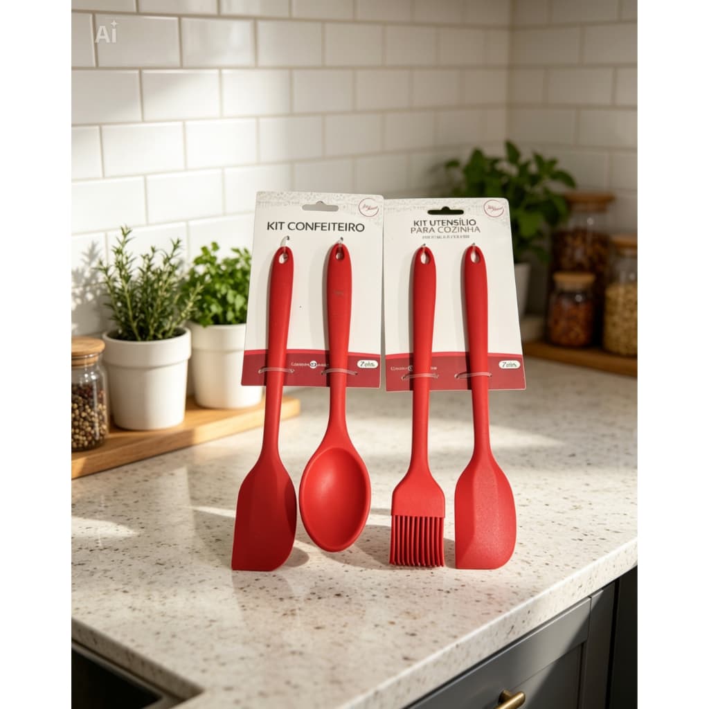 Kit Utensílios de Silicone 4 Peças Compacto – 2 Espátulas, 1 Colher e 1 Pincel Culinário