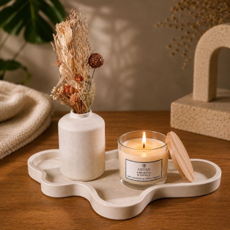 Kit Decorativo em Concreto Artesanal com Vela Aromática Bandeja organizadora e Vaso decoração sala
