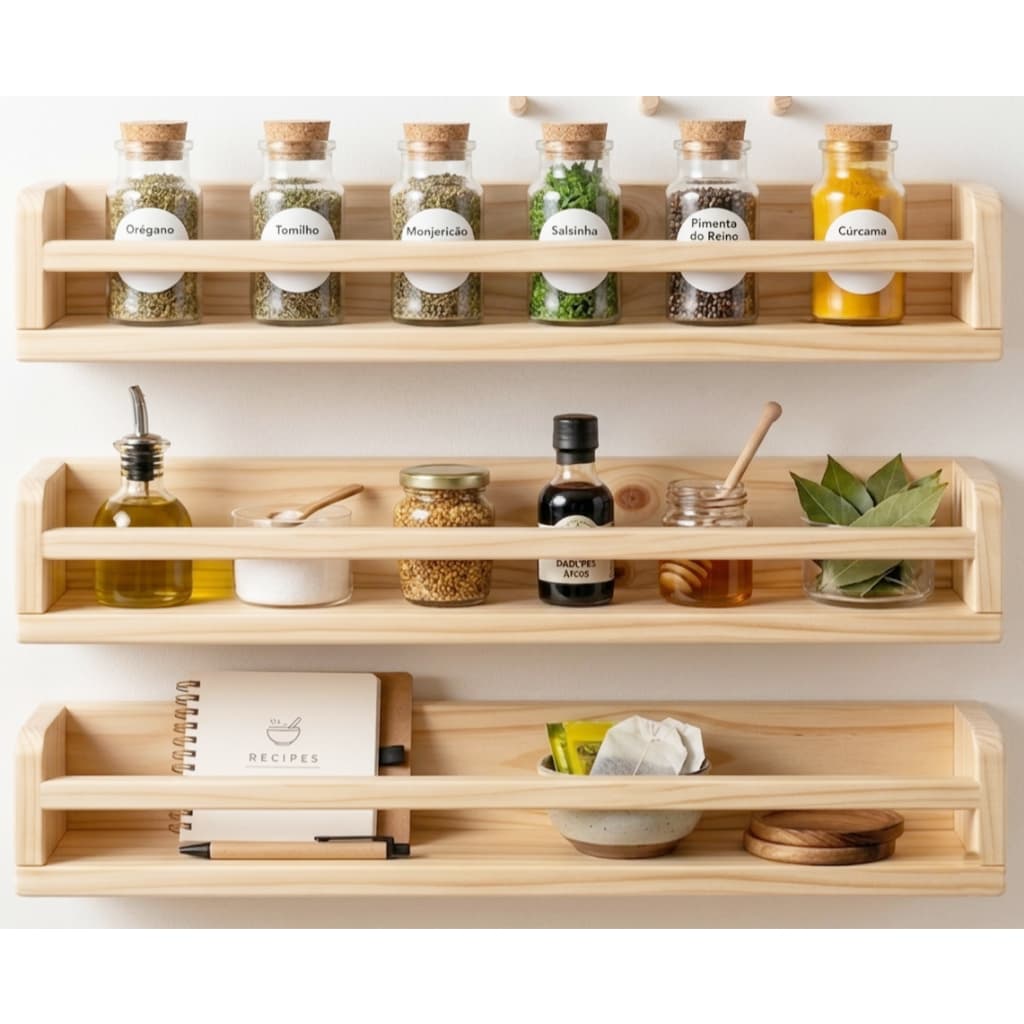 Porta Temperos Horizontal de Parede em Madeira Maciça com Fundo 50x9x10 cm Unidade ou Conjunto