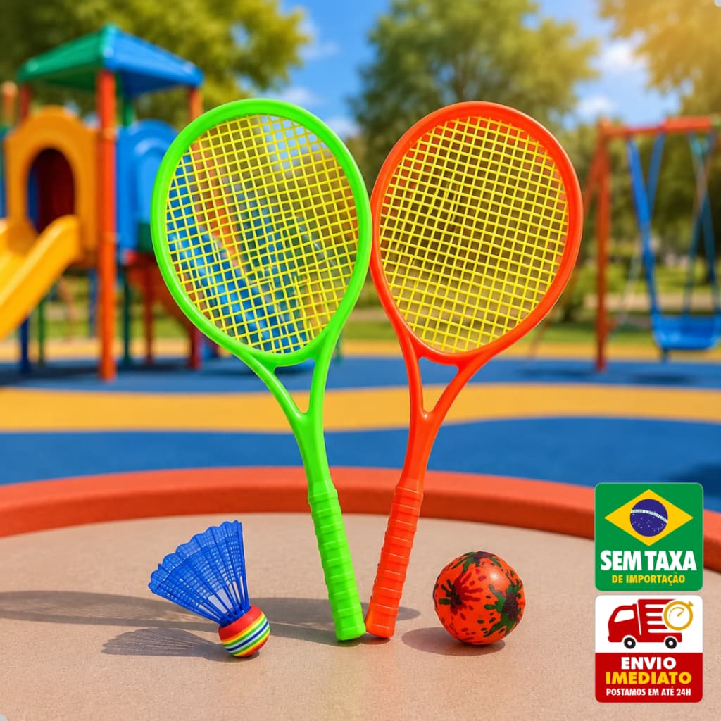 Kit 2 Raquetes Infantil Tênis Badminton com Bola e Peteca Brinquedo Plástico Colorido 48cm