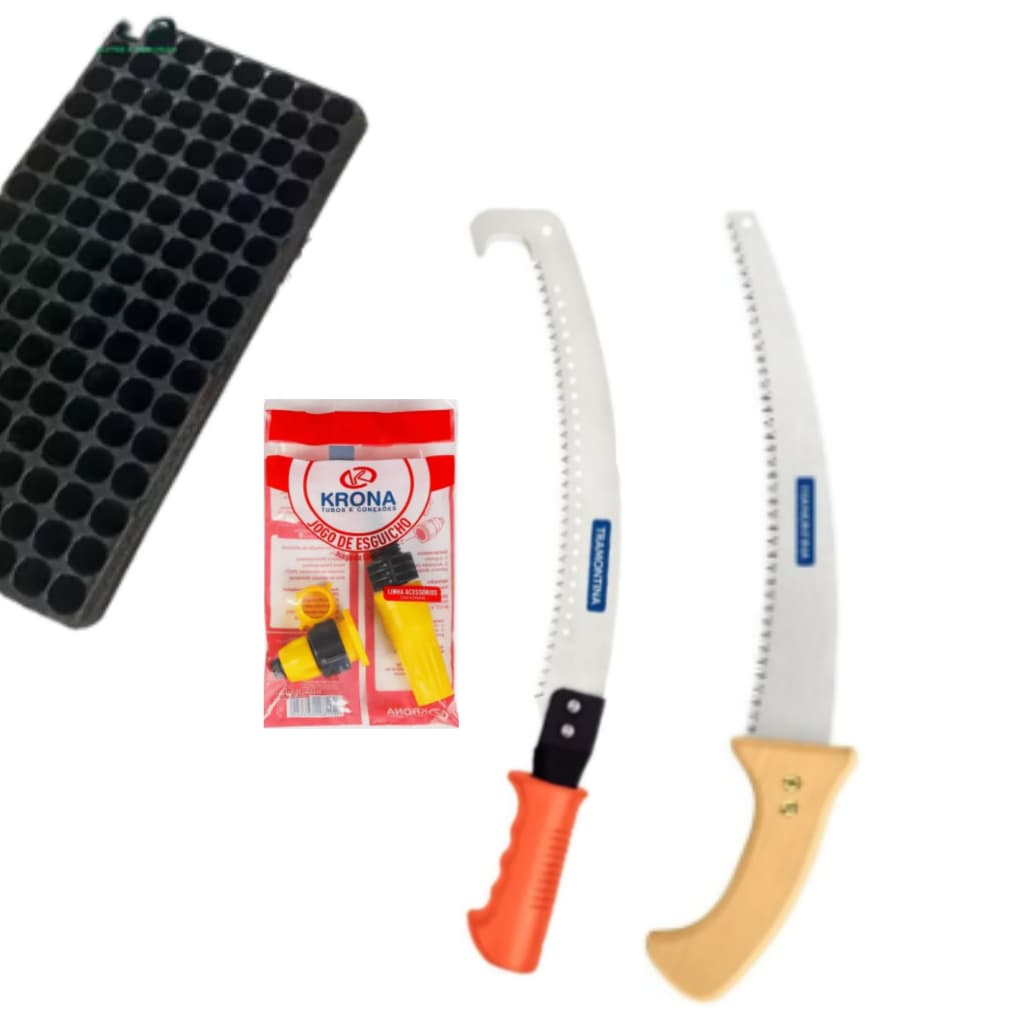 Kit De Jardinagem 7 peças Jogo De Esguicho + Serrote De Poda + Bandeja De Mudas + Serrote Gancho