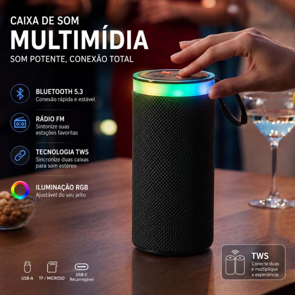 Caixa De Som Bluetooth 5.3 RGB TWS Portátil Com Grave Potente USB-C