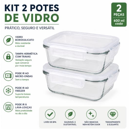 Kit 2 Potes 600ml de Vidro Hermético Marmita Airfryer
