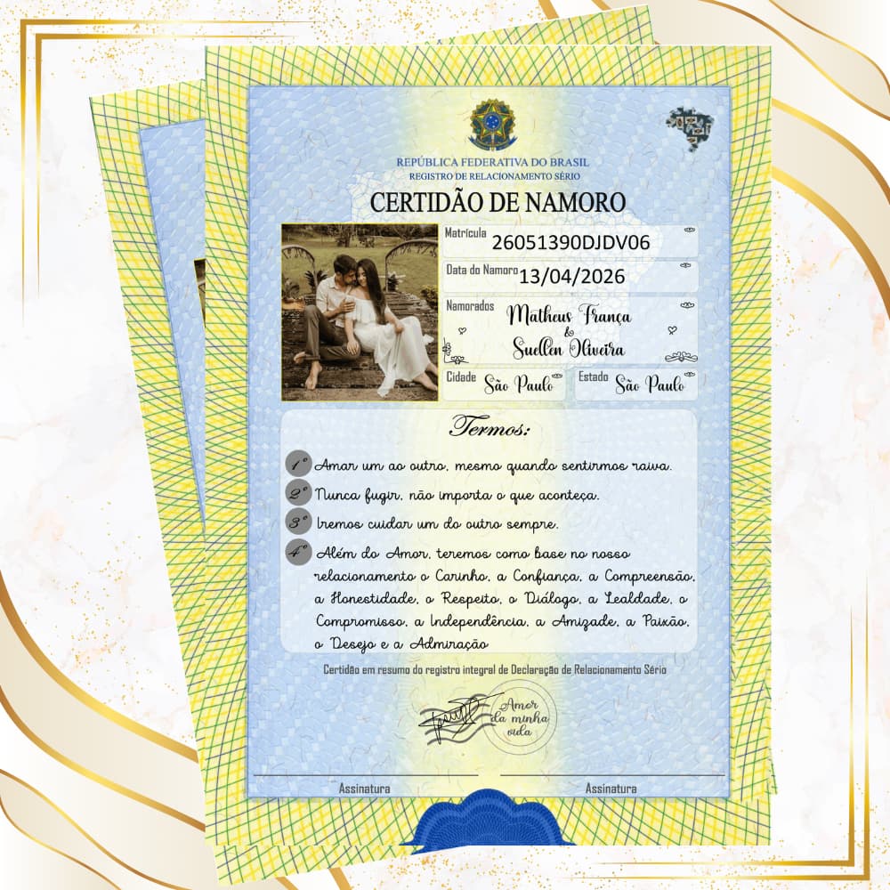 CERTIDÃO DE NAMORO AFETIVA PERSONALIZADA
