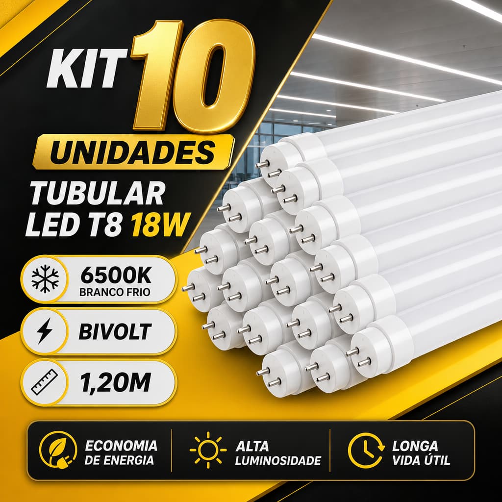 Kit 10 Lâmpadas Tubular LED T8 18W 1,20m 6500K Bivolt