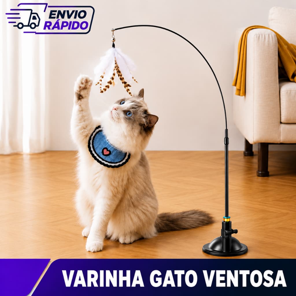 Brinquedo interativo Gato Varinha Pena com Ventosa que Fixa no Chão Cabo Longo Flexível