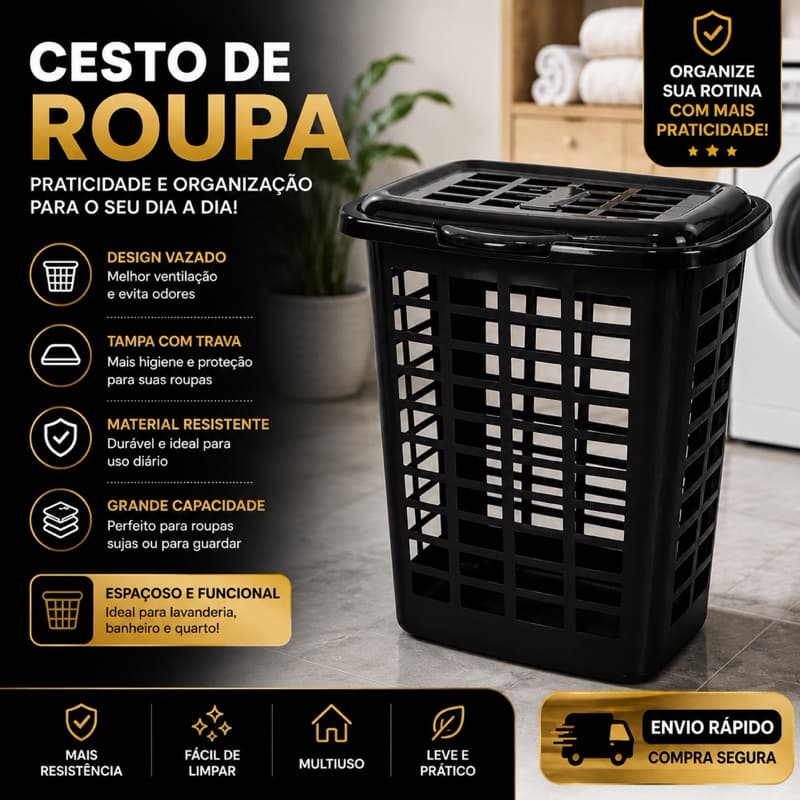 Cesto Preto Para Roupas Lavanderia Com Tampa 30l Multiuso