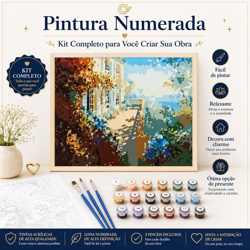Kit Completo Pintura numerada - casarão paisagem bonita (24 tintas, 3 pincéis e 1 tela)