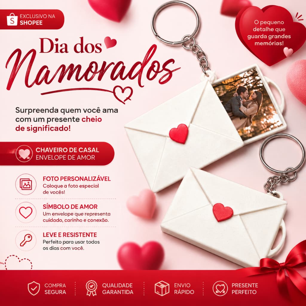 KIT 02 Chaveiros Casal Personalizado Envelope do Amor com Foto | Presente Dia dos Namorados Criativo