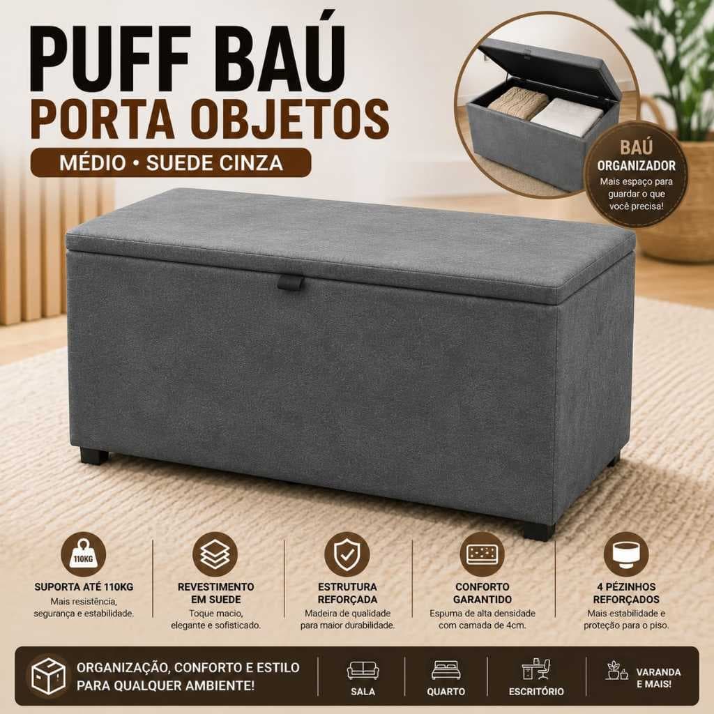 Puff Baú Porta Objetos Médio CINZA SUEDE Organizador Reforçado Decorativo