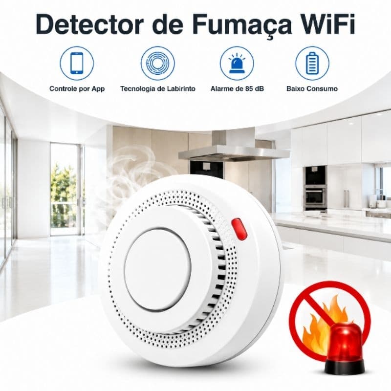 Detector fumaça e incêndios, alarme via wifi, Tuya, controle via aplicativo alexa amazon google, smart casa inteligente